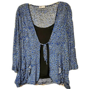 JW Collection Blouse Medium 2pc Blue Black Bell Shape Tank Top Tie Front